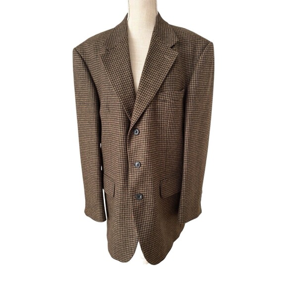 Oscar De La Renta 100%‎ Wool Tweed Blazer Jacket Brown Houndstooth Check 42R - Picture 1 of 8